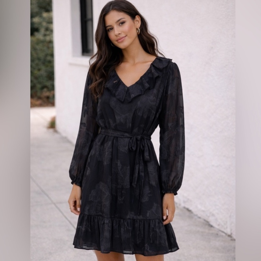 Joie Black Burnout Floral Ruffle Mini Dress Long Sleeve Tie Waist L NWT